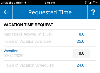 Requested Time Screen