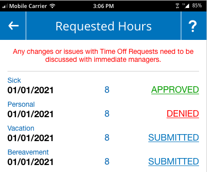 Requested Hours Screen