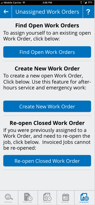 Equipment Manager Mobile App Time Manager Unassigned Screen