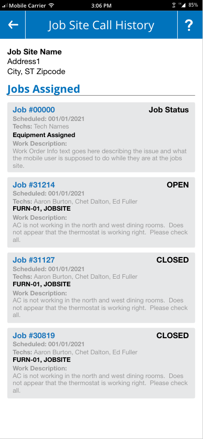 Work Order - Job Site Call History