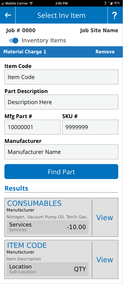 Work Order - Equipment List - Service Record - Add Materials