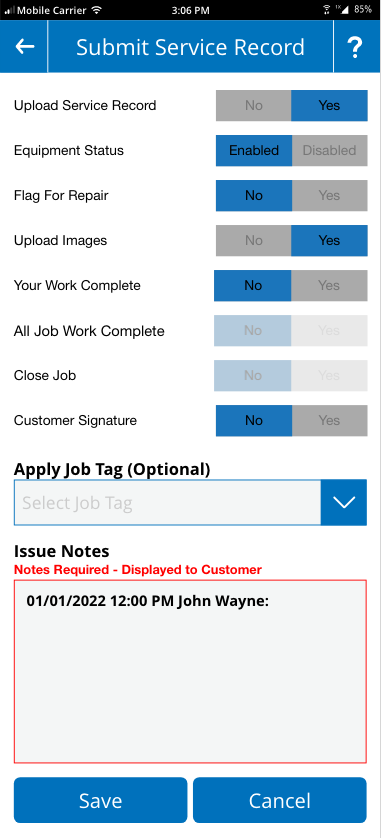 Service Record - Exit Screen