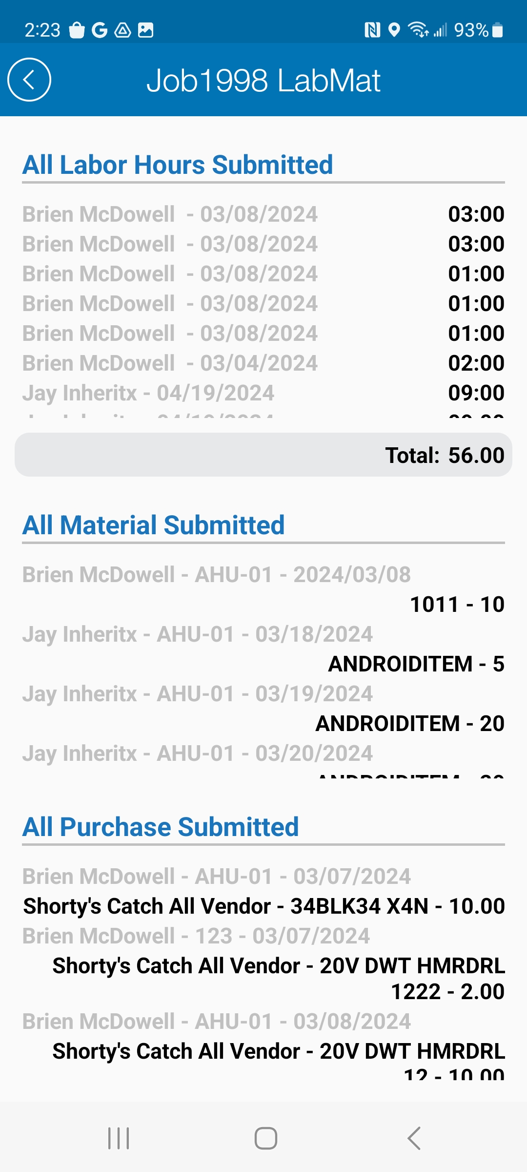 Work Order - Labor Materials